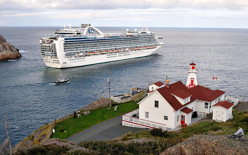 Cruise Ship Leaving St. Johns, Newfoundland, Ocean, Ship, Lighthouse, Canada, HD wallpaper