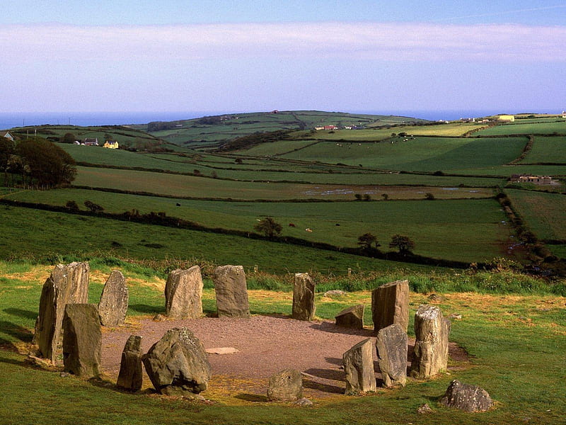 Drombeg stone circle county cork, Ireland, rocks, circle, ireland, nature, fields, HD wallpaper