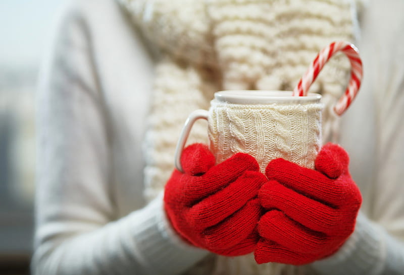 For You , red, holidays, christmas, winter, graphy, gloves, coffee, cup, scarf, candy cane, HD wallpaper