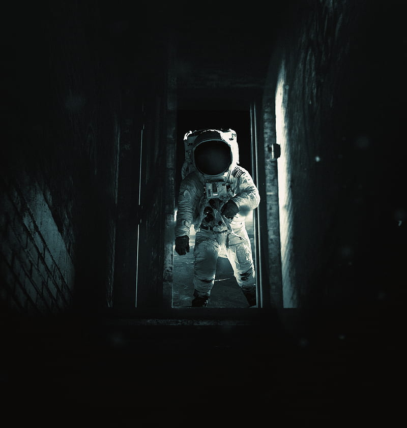 astronaut, spacesuit, darkness, door, Space, HD phone wallpaper