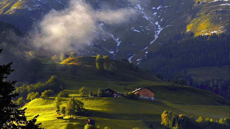 mountainside chalet in austria, mountain, chalet, grass, slope, trees, clouds, HD wallpaper