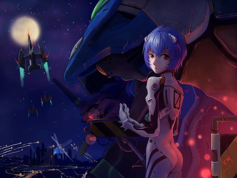 Evangelion, eerie, creepy, moon, mecha, rei, emotional, anime, gloomy, neon, hot, anime girl, night, female, rei ayanami, genesis, ayanami, gloom, ayanami rei, bodysuit, sexy, short hair, cute, neon genesis evangelion, girl, blue hair, creep, eva, dark, sinister, red eyes, serious, HD wallpaper