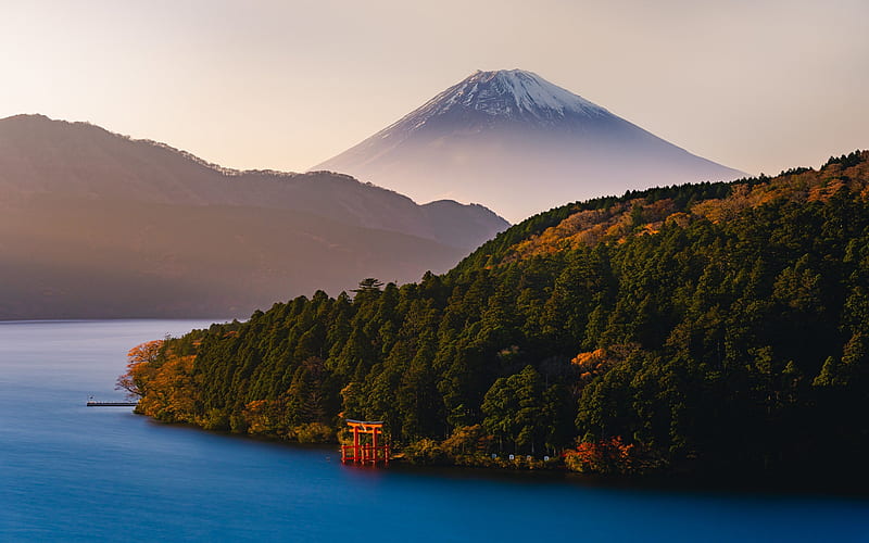 Lake Ashi, Torii, Mount Fuji, evening, sunset, mountain landscape, Stratovolcano, Kanagawa, japan, japanese red gate, HD wallpaper