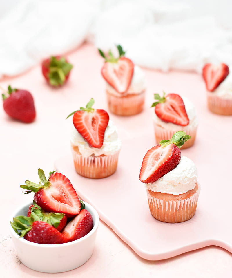 muffins, strawberries, berries, dessert, pink, HD phone wallpaper