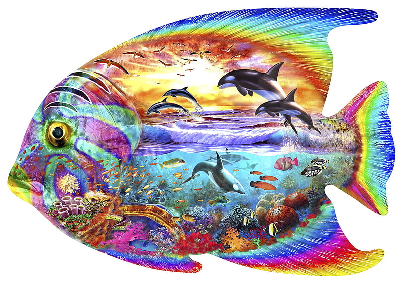 :), art, water, fantasy, dolphin, fish, whale, blue, sea, colorful, HD wallpaper