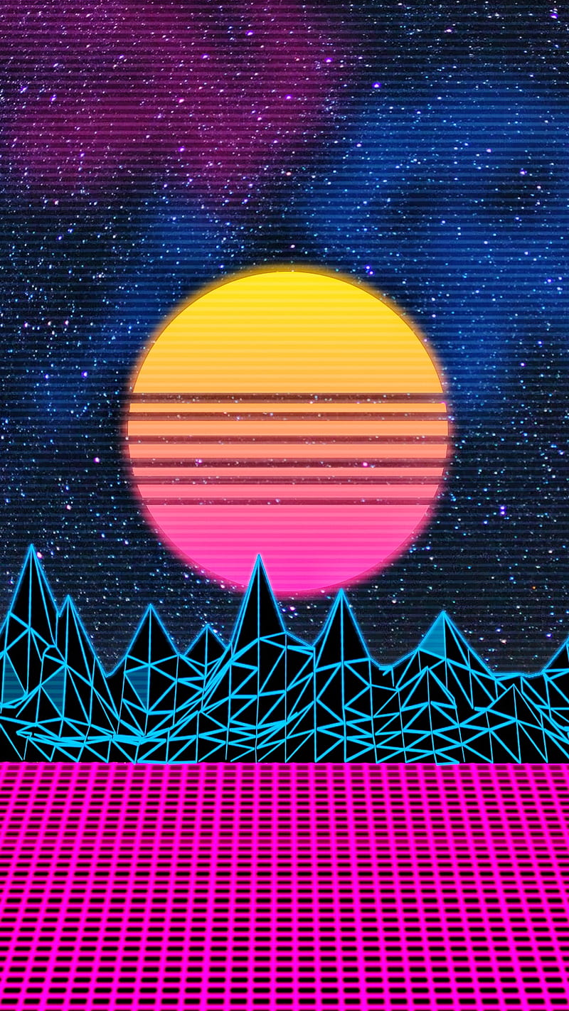 Retro Sunset Cyber, 80s, blue, galaxy, grid pink, purple, HD phone wallpaper