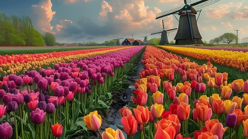 Tulips field at spring time, Flowers, Windmills, Holland, Field, Colorful, Tulips, HD wallpaper