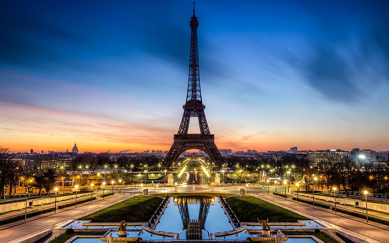 Eiffel Tower, Champs-Elysees, Paris, evening, sunset, landmark, cityscape, fountains, HD wallpaper