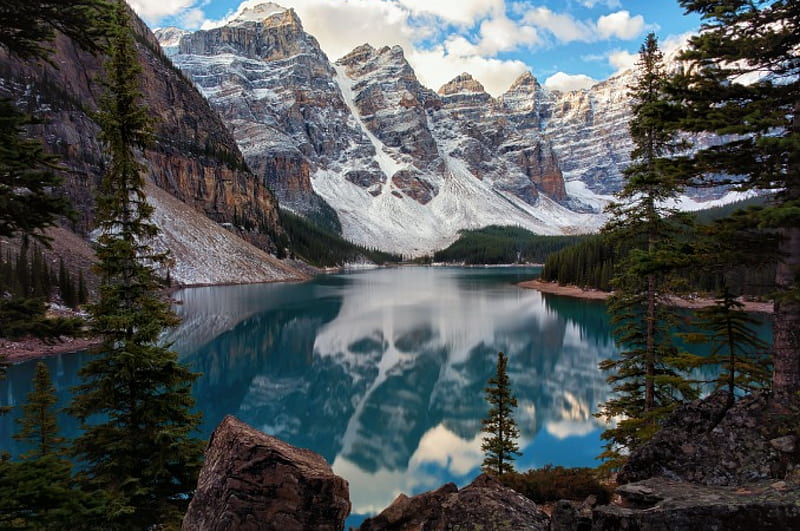 Moraine Lake, Alberta, Canada, water, snow, mountains, reflection, clouds, HD wallpaper
