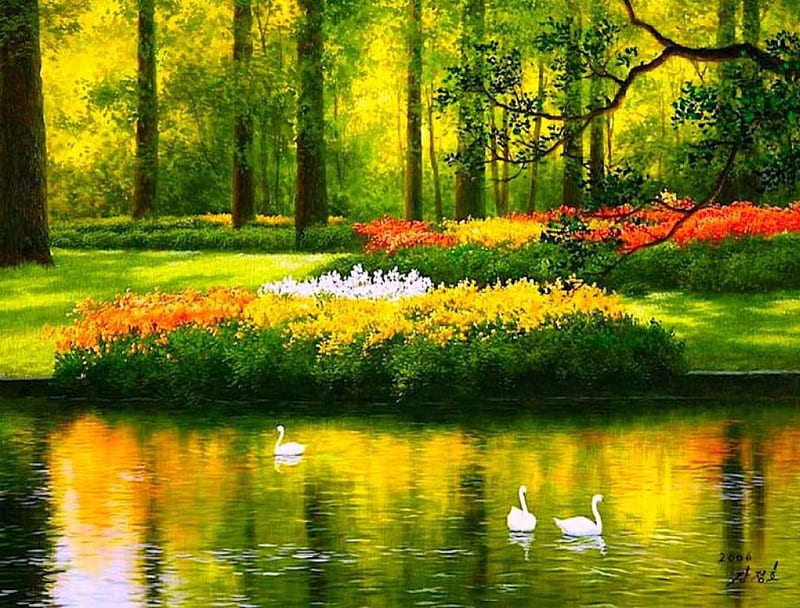 Lovely colorful park, pretty, colorful, bonito, park, swan, lake, tree, flower, color, nature, mirror, animals, HD wallpaper