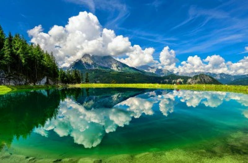 Alpine Lake, crystal clear water, forest, Bavaria, bonito, clouds, lake, green, mountains, nature, reflection, Germany, white, blue, HD wallpaper