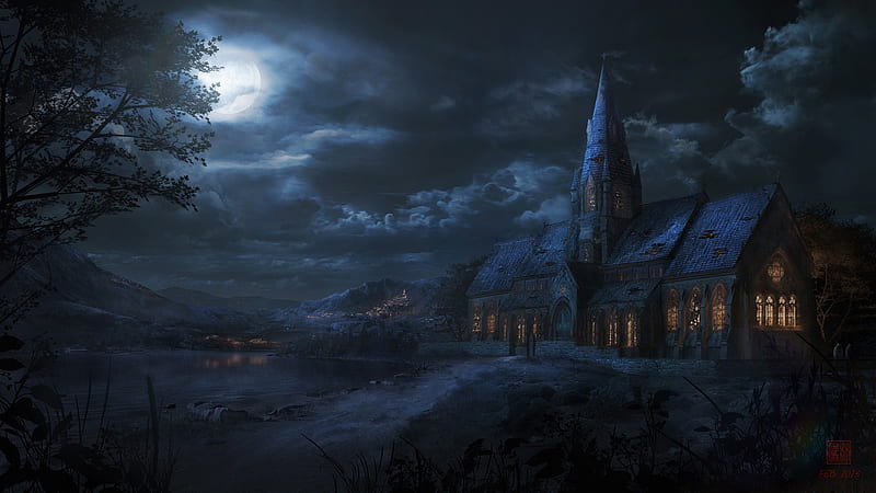Dark Church in the Moon lLght, CHURCH, LIGHT, HILL, MOON, BLACK, DARK, HD wallpaper
