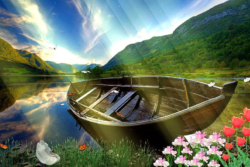 Swan paradise, pretty, silent, shore, grass, abandones, bonito, swan, clouds, mirrored, mountain, nice, fantasy, boat, flowers, river, reflection, art, hills, quiet, calmness, lovely, clear, greenery, sky, lake, water, serenity, paradise, summer, HD wallpaper
