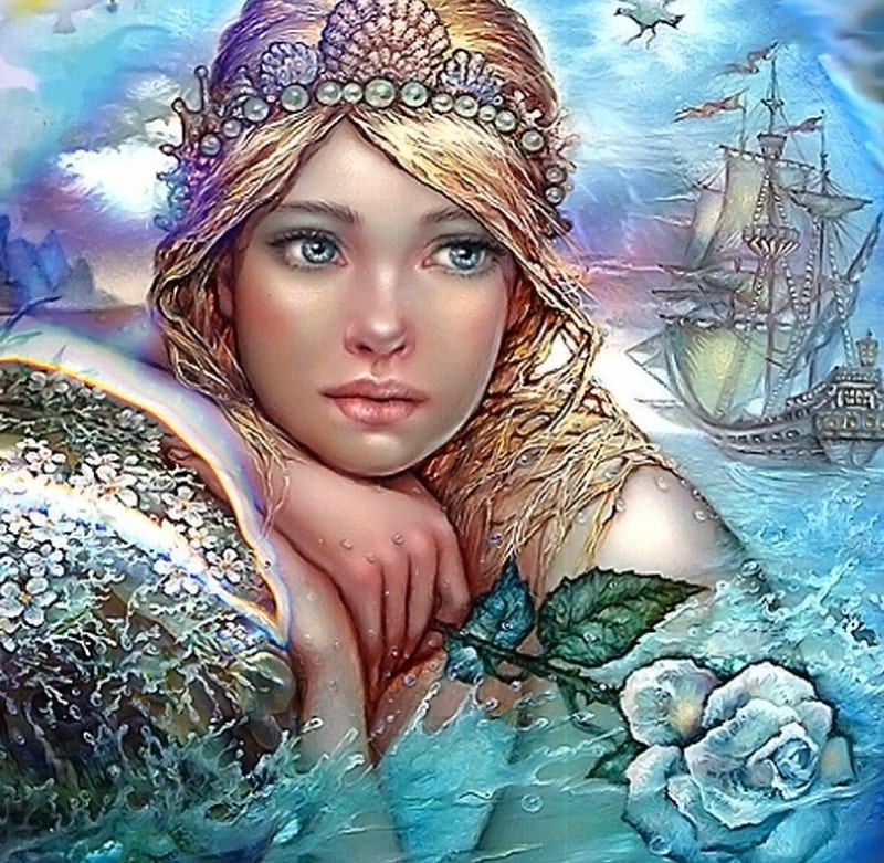 The Yearning Mermaid, boat, rose, mermaid, bonito, yearning, sea, HD wallpaper