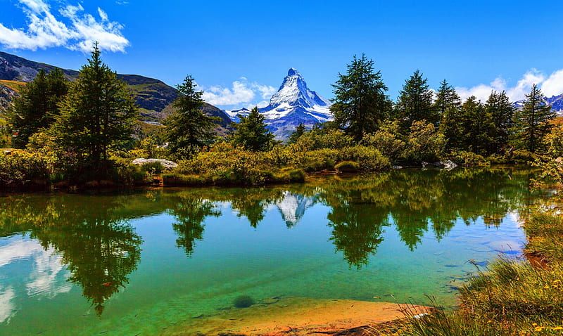 Matterhorn, Alps, crystall water, bonito, Switzerland, trees, lake, summer, blue sky, reflection, snowy peaks, HD wallpaper