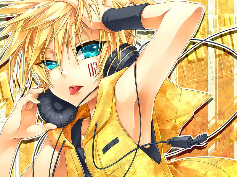 Kagamine Len, vocaloid, male, anime, heaphones, blonde hair, blue eyes, HD wallpaper