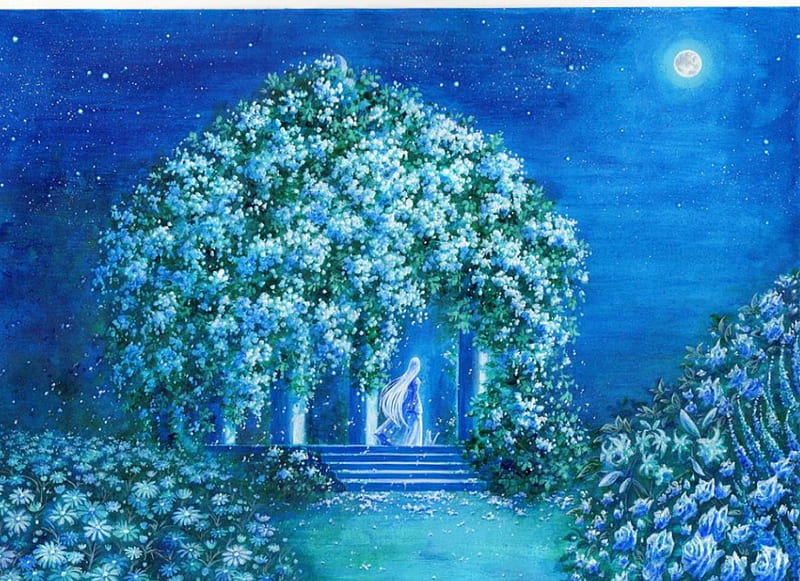 ♕ SPIRIT BRINGERS: EMPYREAN REALM. (SAGA DE EMPYREUS)  ☁ HD-wallpaper-flowery-garden-dress-beautiful-sweet-flowery-moon-anime-flowers-beauty-long-hair-blue-night-art-female-lovely-sky-cute-girl-garden-lady-white