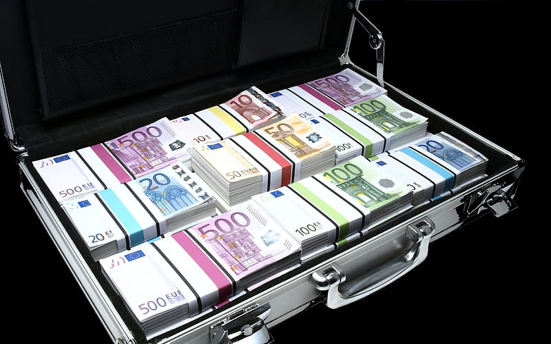 Suitcase with money, euro, banknotes, money, mountain of money, HD wallpaper