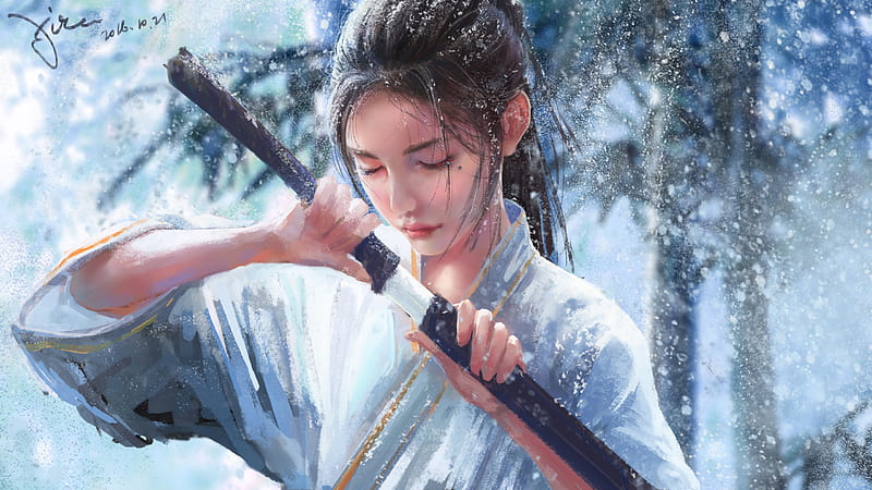Girl Samurai Snowfall Snowflake Woman Warrior Samurai, HD wallpaper