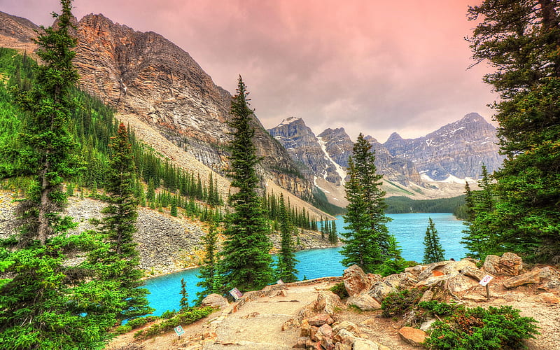 Canada, Moraine Lake Banff, sunset, forest, Alberta, canadian landmarks, Banff National Park, HD wallpaper