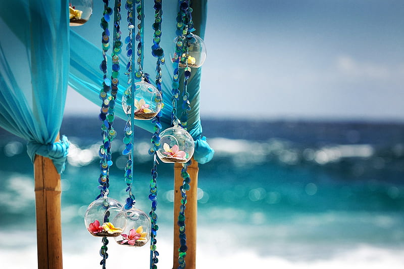 Simply Beautiful , ocean, decoration, plumeria, bonito, wedding, sea, beach, graphy, flower, blue, HD wallpaper