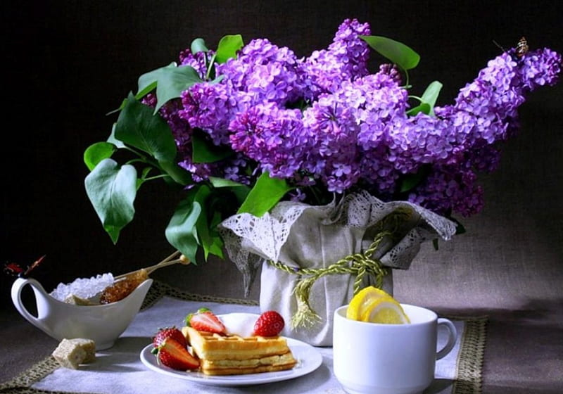 tea time and flowers of spring, still life, flowers, cup, spring, cakes, abstract, teatime, HD wallpaper