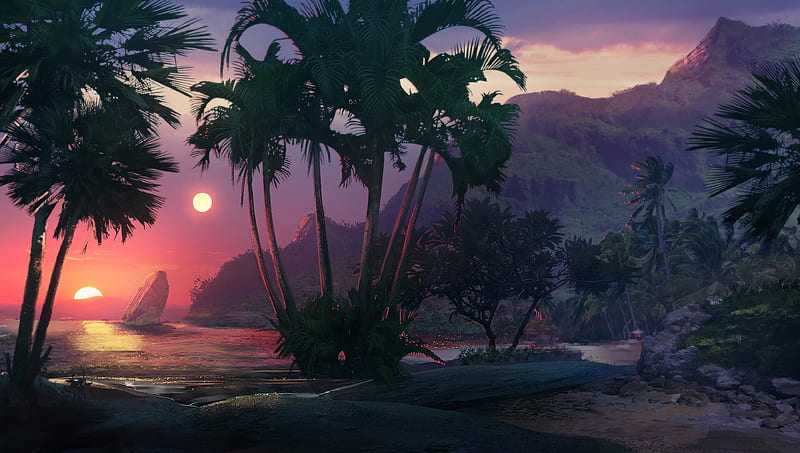 sunset, beach, palm trees, sea, art, HD wallpaper