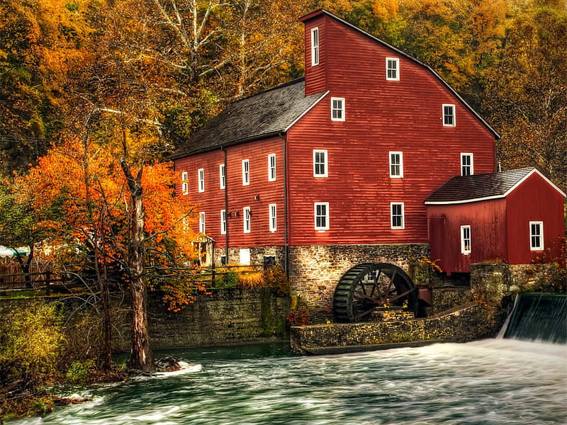Autumn, architecture, fall, pretty, house, mill, autumn leaves, bonito, leaves, splendor, water mill, waterfall, beauty, river, lovely, window, view, colors, trees, windows, tree, water, autumn colors, peaceful, nature, landscape, HD wallpaper