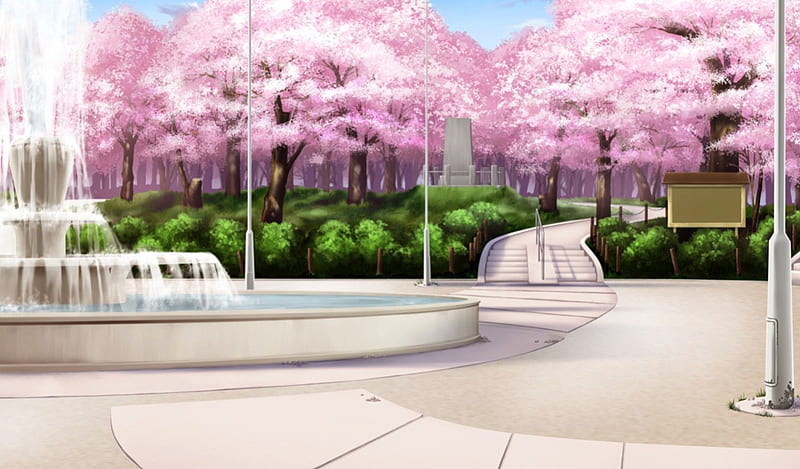 Blossom Park, pretty, scenic, sakura blossom, plant, bonito, cherry blossom, sweet, nice, anime, beauty, scenery, pink, sakura, fountain, lovely, park, tree, water, nature, scene, landscape, HD wallpaper
