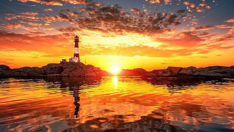Lighthouse of the Rising Sun, rocks, isle, house, sun, orange, sunset, clouds, sea, SkyPhoenixX1, sunrise, ocean, sunlight, sky, water, summer, sunshine, island, nature, HD wallpaper