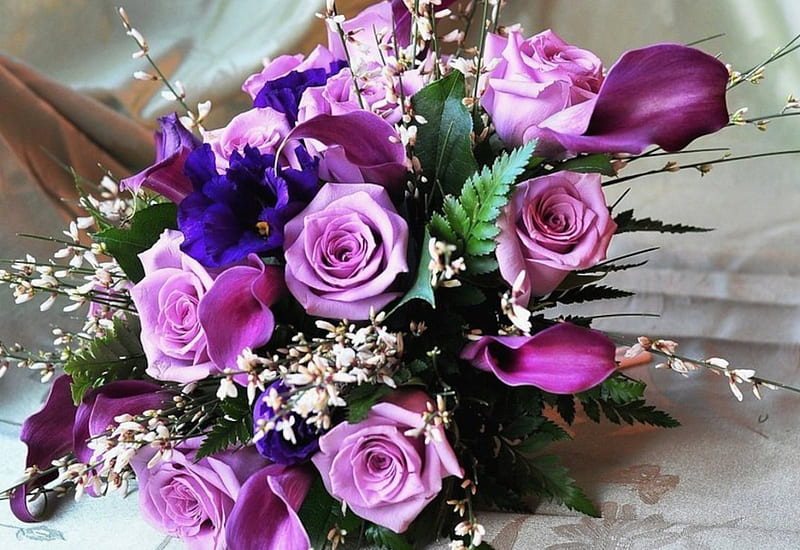 Lovely Bouquet, purple, bouquet, flowers, calla lilies, nature, roses, HD wallpaper