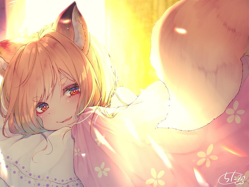 anime fox girl, loli, animal ears, fox tail, cute, smiling, lying down, blonde, fang, Anime, HD wallpaper