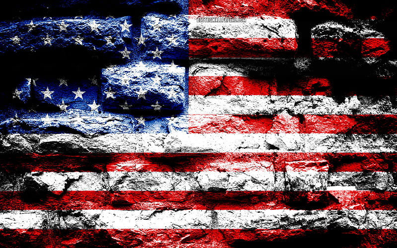 USA flag, grunge brick texture, Flag of USA, flag on brick wall, American flag, USA, flags of North America countries, HD wallpaper