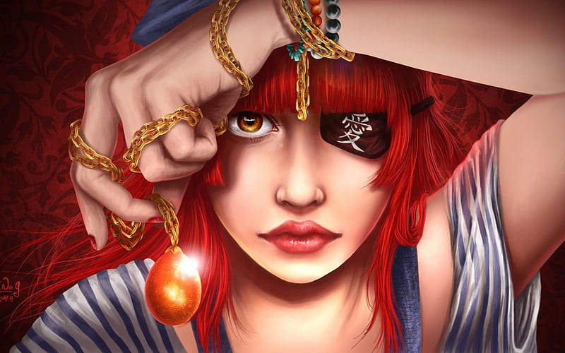 Pirate girl, red, fantasy, girl, redhead, orange, pendant, magic, pirate, HD wallpaper