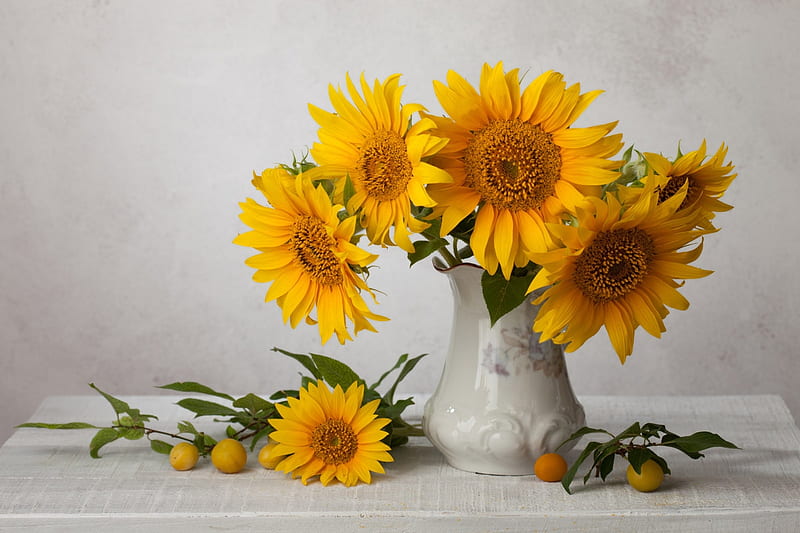 Sunflowers, vase, summer, yellow, flowers, HD wallpaper