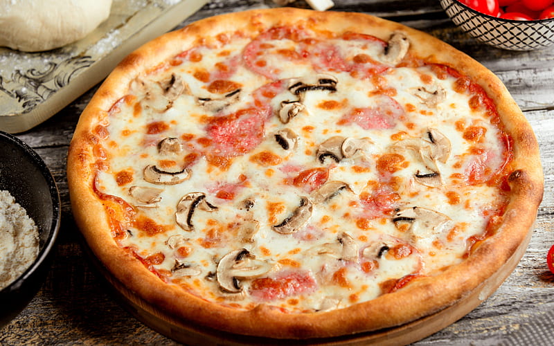 pizza, delicious food, pizza with mushrooms and sausage, fast food, HD wallpaper