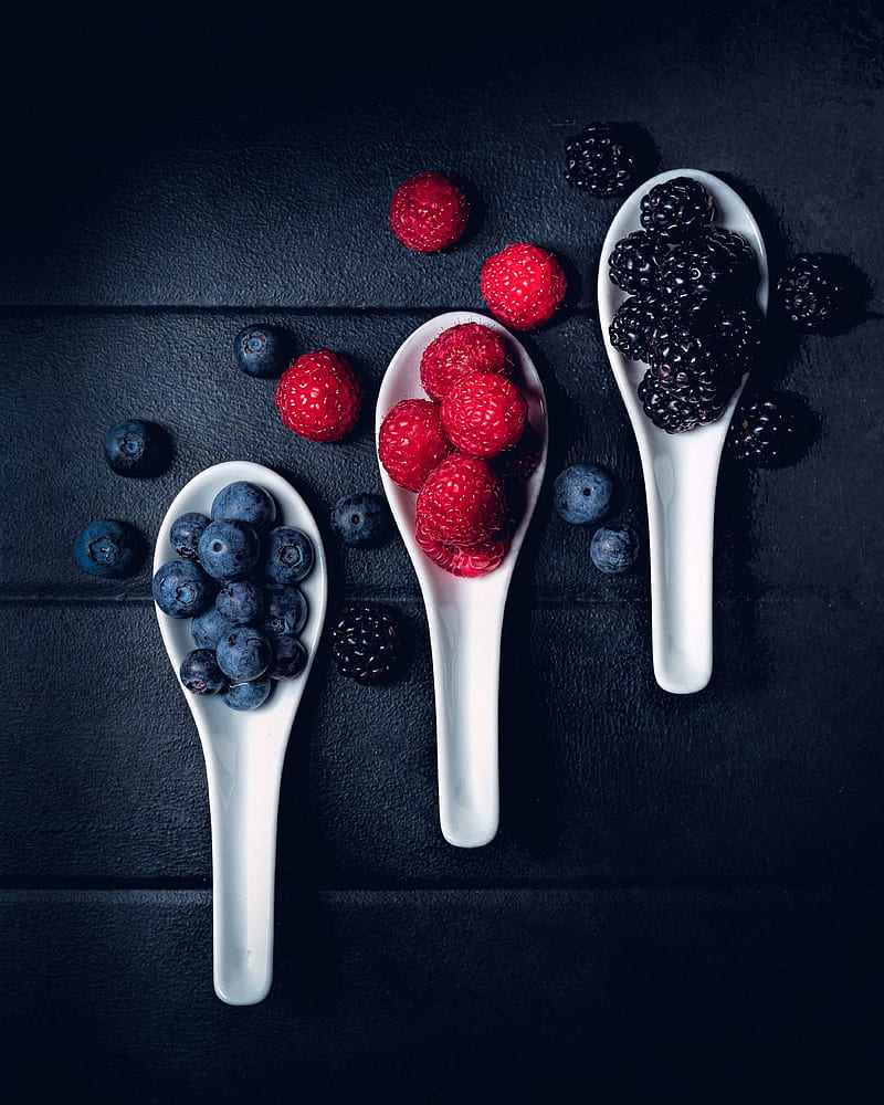 blueberries, raspberries, berries, fresh, spoons, HD phone wallpaper