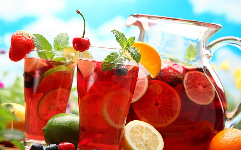 Perfect for summer, red, glass, juice, fresh, summer, drink, lemon, cherry, HD wallpaper