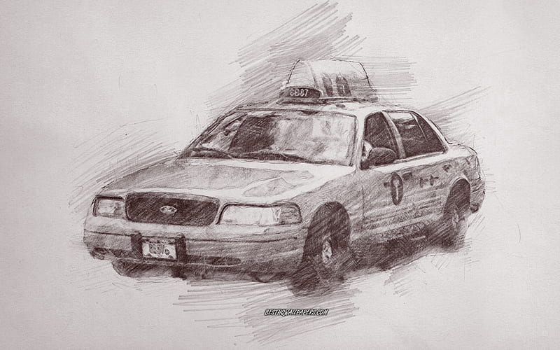 Drawn taxi, New York Taxi, New York City, USA, Taxi pencil drawing, pencil art, american taxi, HD wallpaper