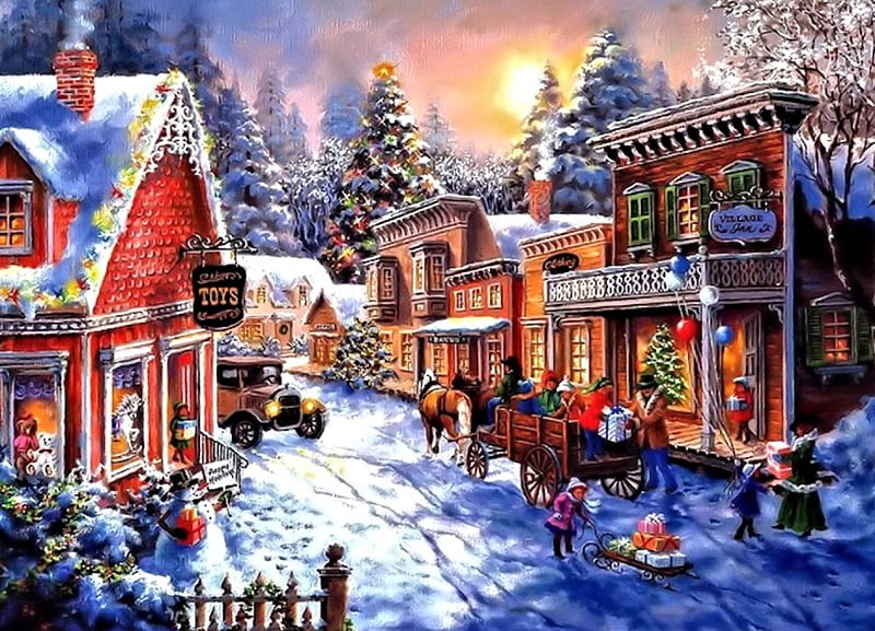 Toy Shop on Main Street, Painting, Street, Winter, Shop, HD wallpaper
