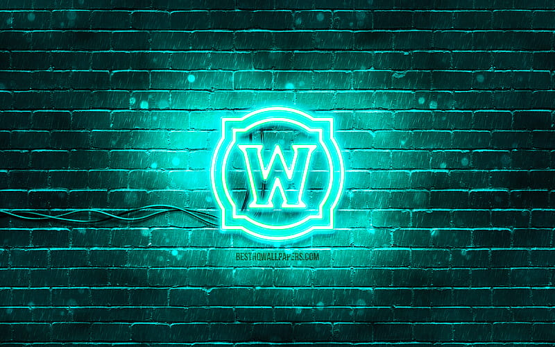World of Warcraft turquoise logo WoW, turquoise brickwall, World of Warcraft logo, creative, World of Warcraft neon logo, WoW logo, World of Warcraft, HD wallpaper