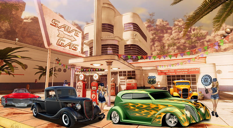 Waiting for Gas, oldies, carros, service, hot rod, route 66, collage, art deco, HD wallpaper