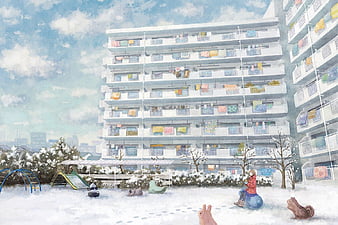 HD wallpaper snowy day pretty house scenic home beautiful sweet nice anime beauty scenery flat cloud lovely playground sky apartment winter building snow condominium white scene landscape thumbnail
