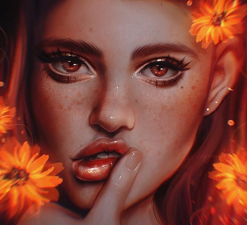 Dahlia, luminos, orange, girl, marzia palomba, flower, face, portrait, fantasy, HD wallpaper