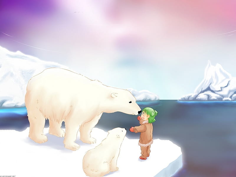  Escena ártica de anime, niña, anime, cachorro, oso, polar, Fondo de pantalla HD