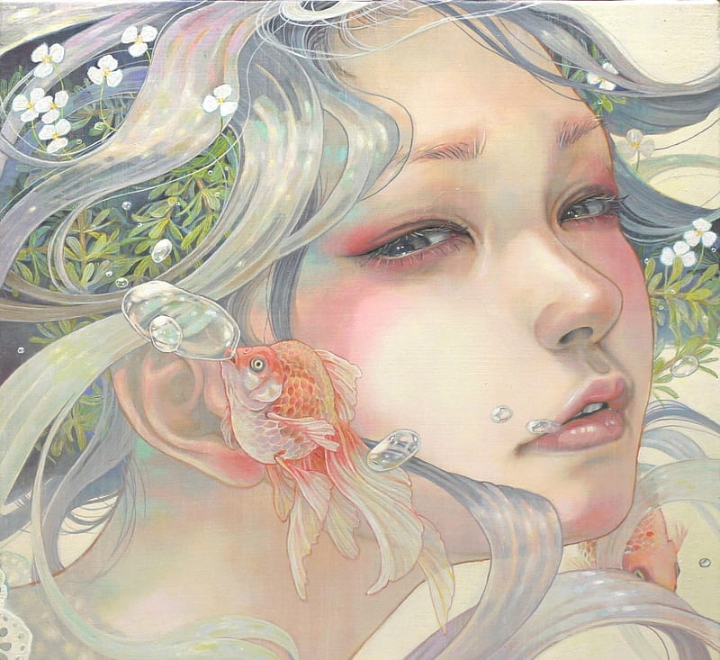:), face, girl, water, chalk, art, miho hirano, painting, flower, pictura, pesti, fish, HD wallpaper