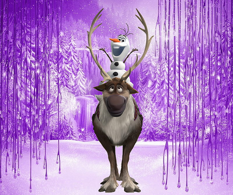 snowman olaf, frozen, happy, purple, smile, sven, winter, HD wallpaper