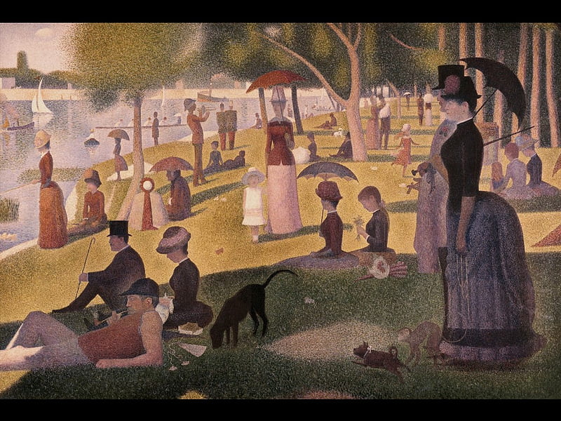 Sunday Afternoon on the Island of La Grande Jatte, family, grass, umbrella, fun, park, abstract, picnic, sea, nice, gathering, people, painting, famous, dog, HD wallpaper
