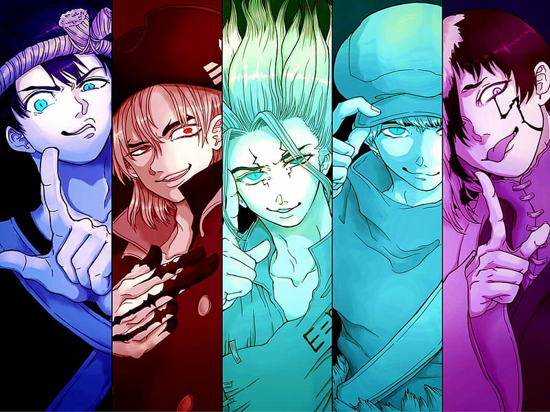 Anime, Dr Stone, Senku Ishigami, Nanami Ryusui, Chrome (Dr Stone), Gen Asagiri, Ukyo Saionji, HD wallpaper