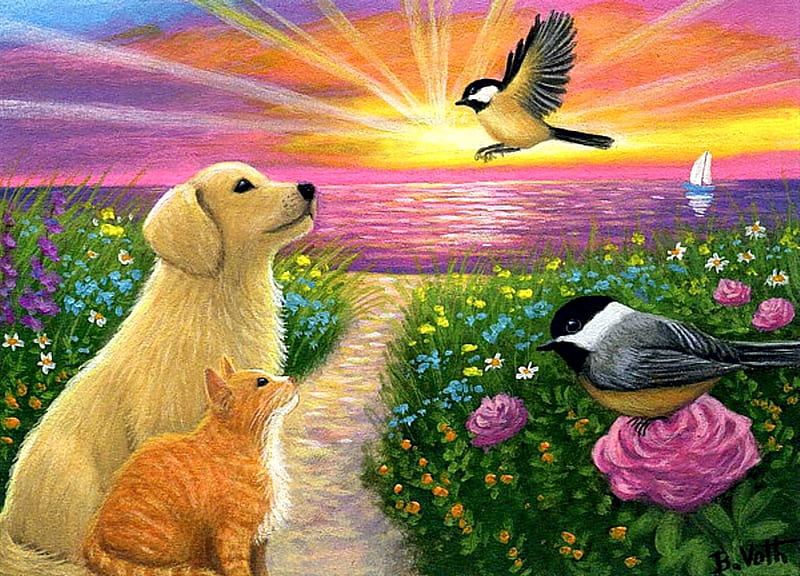 Bailey's Beach Path, sunset, cat, artwork, sea, bird, chickadee, painting, flowers, dog, HD wallpaper